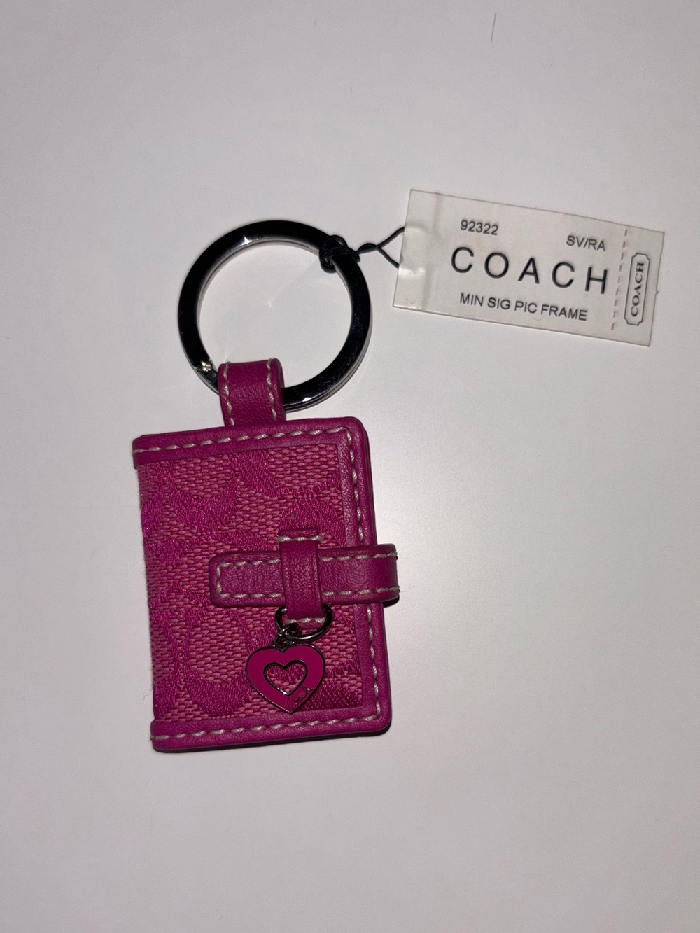 COACH Pink Signature Photo Frame Keyring with Heart Charm